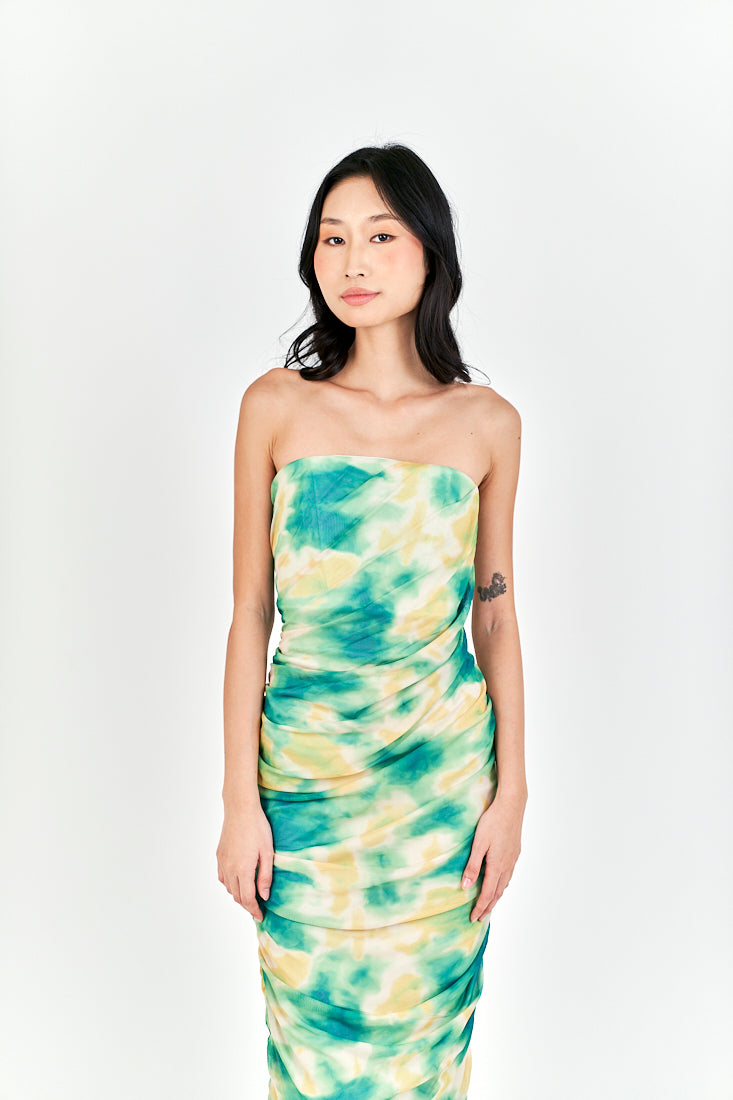 Hezekiah Green Tie Dye Ruch Side Zipper Bodycon Tube Mini Dress