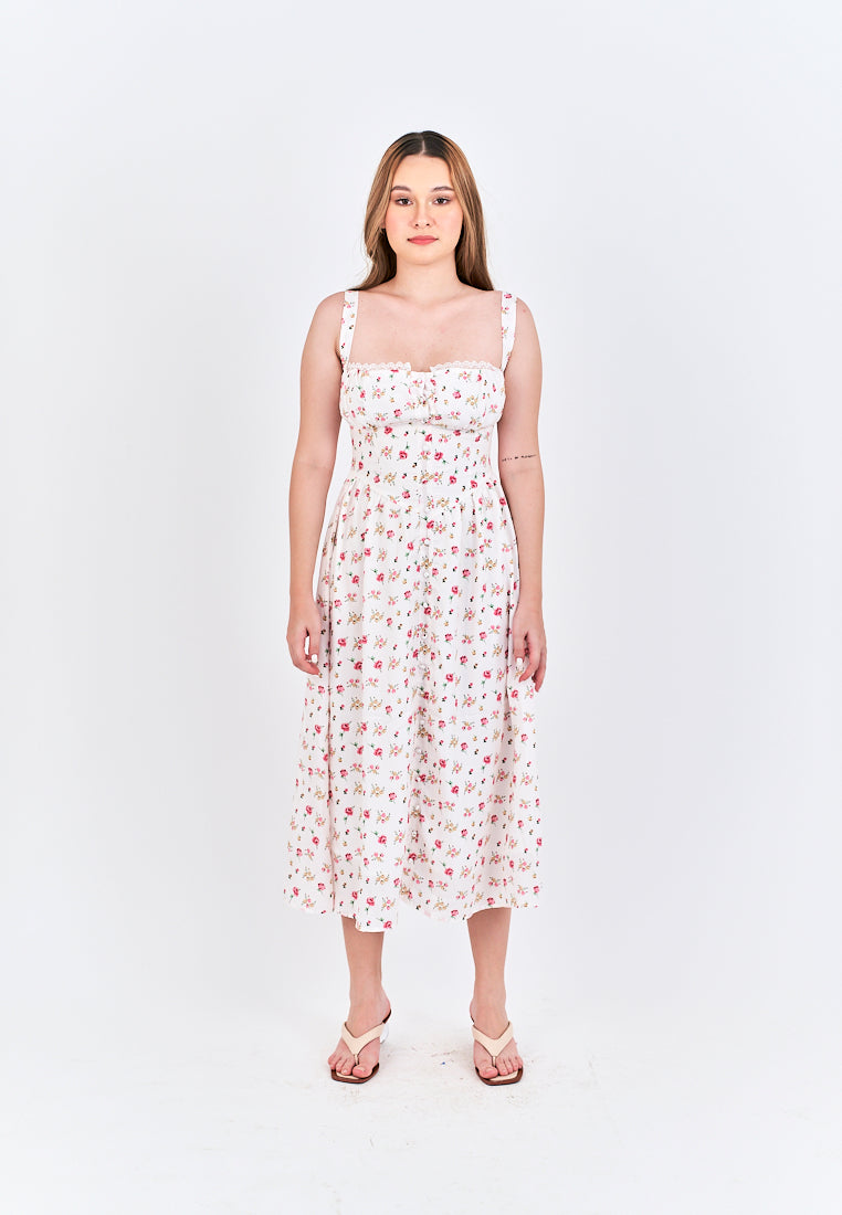Criselle White with Red Floral All Over Print Buttons Up Shoulder Strap Mini Dress