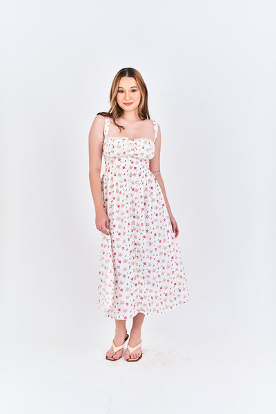 Criselle White with Red Floral All Over Print Buttons Up Shoulder Strap Mini Dress