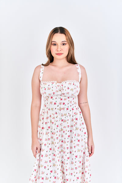 Criselle White with Red Floral All Over Print Buttons Up Shoulder Strap Mini Dress