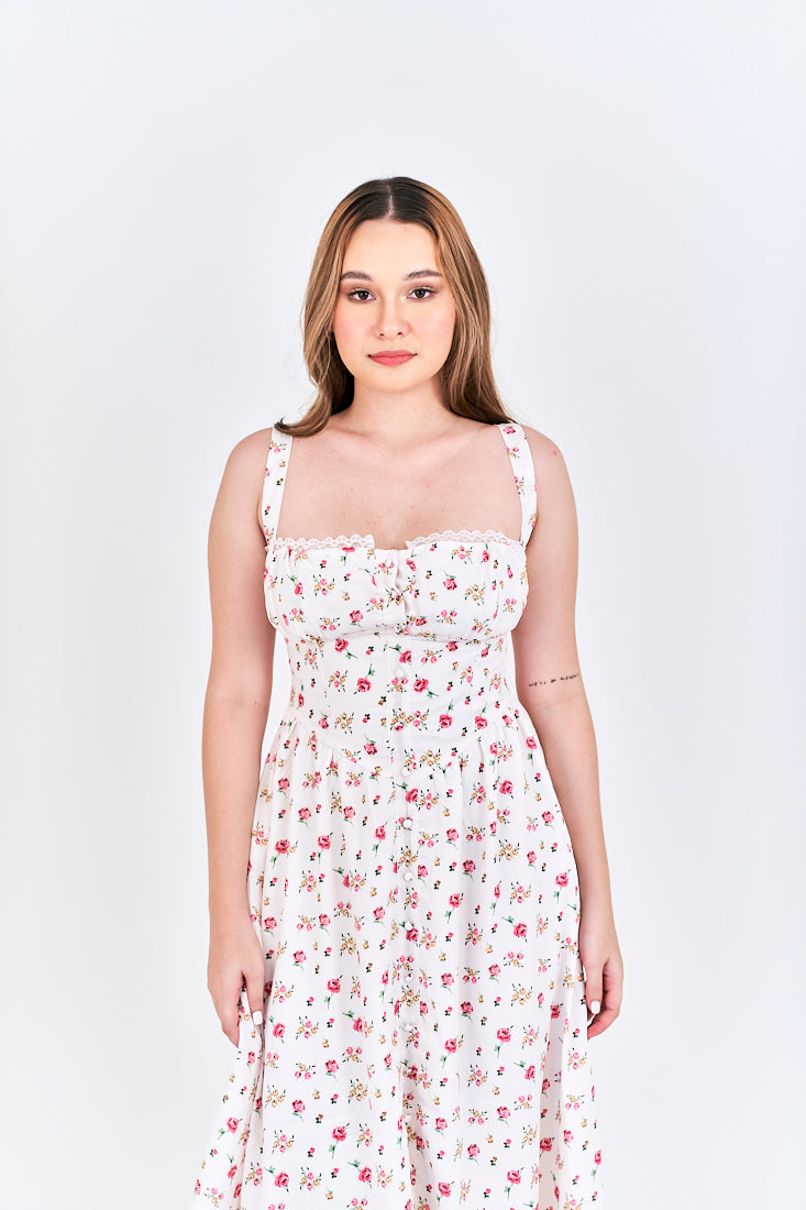 Criselle White with Red Floral All Over Print Buttons Up Shoulder Strap Mini Dress