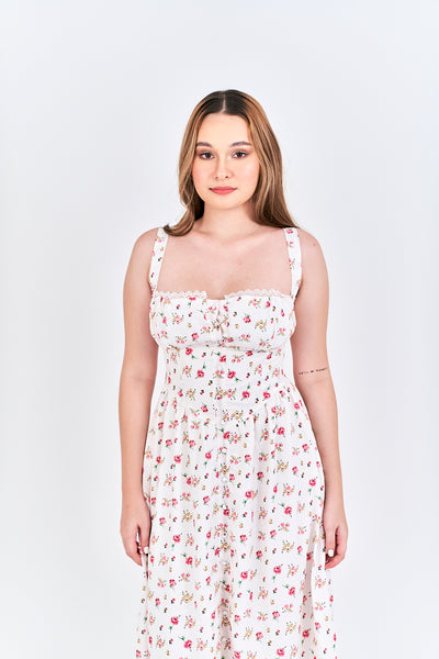 Criselle White with Red Floral All Over Print Buttons Up Shoulder Strap Mini Dress
