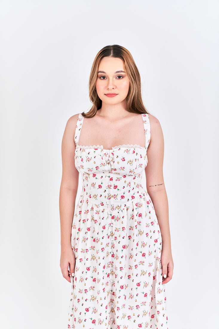 Criselle White with Red Floral All Over Print Buttons Up Shoulder Strap Mini Dress