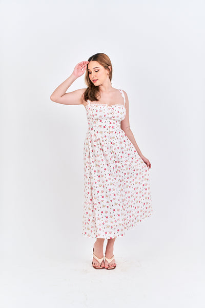 Criselle White with Red Floral All Over Print Buttons Up Shoulder Strap Mini Dress