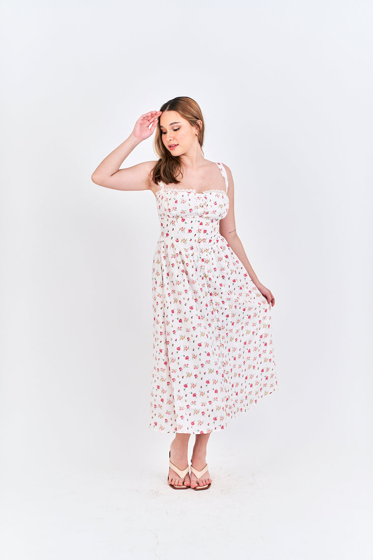 Criselle White with Red Floral All Over Print Buttons Up Shoulder Strap Mini Dress