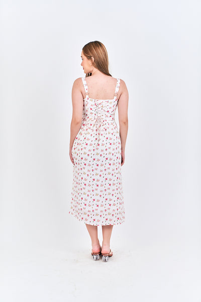 Criselle White with Red Floral All Over Print Buttons Up Shoulder Strap Mini Dress