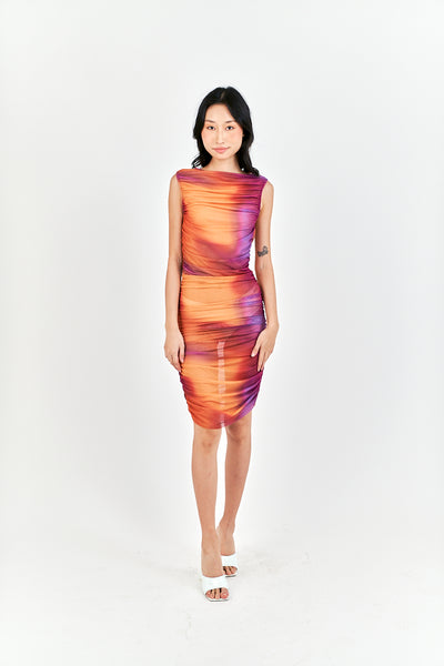 Akisha Multicolor Tie Dye Crew Neckline Ruch Sides Bodycon Mini Dress