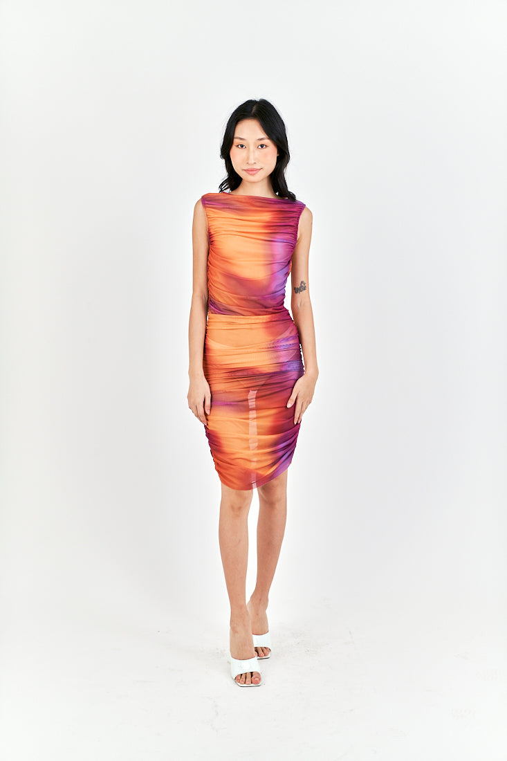 Akisha Multicolor Tie Dye Crew Neckline Ruch Sides Bodycon Mini Dress