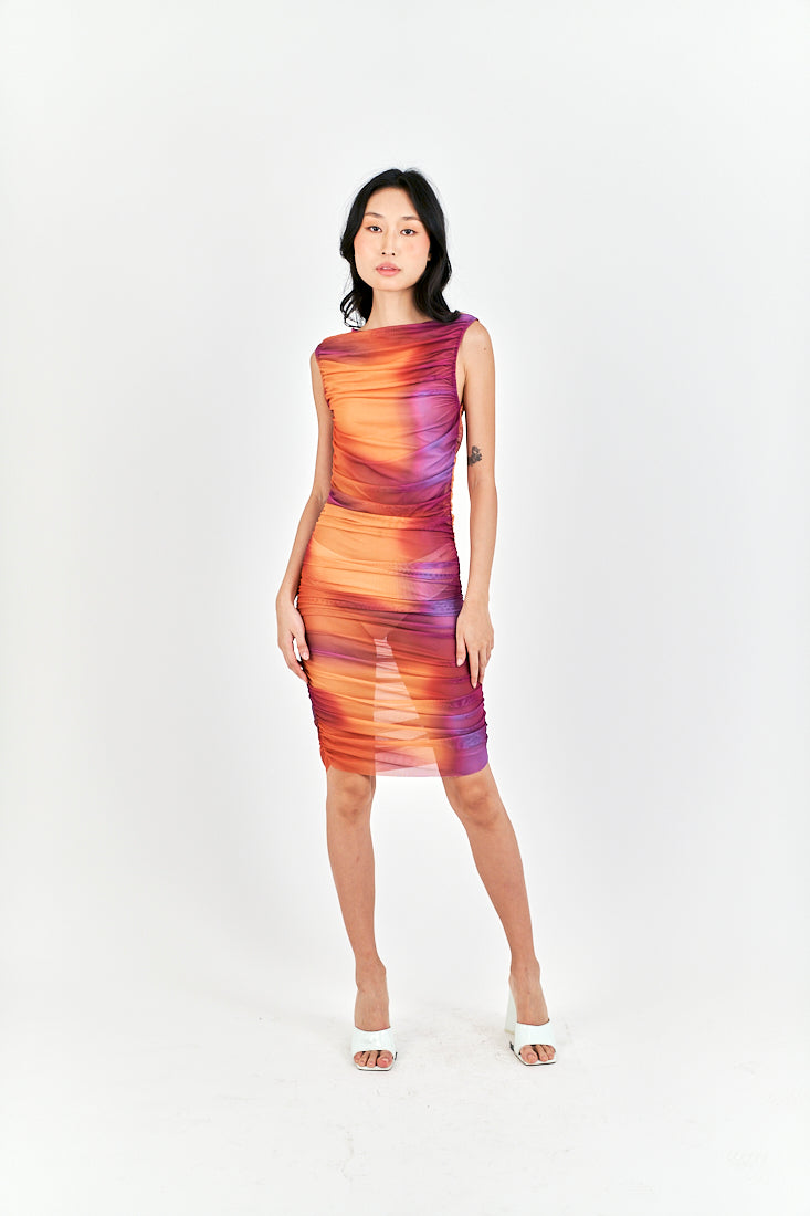 Akisha Multicolor Tie Dye Crew Neckline Ruch Sides Bodycon Mini Dress