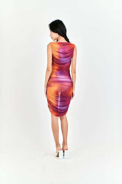 Akisha Multicolor Tie Dye Crew Neckline Ruch Sides Bodycon Mini Dress
