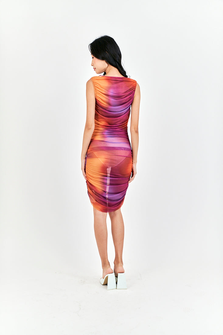 Akisha Multicolor Tie Dye Crew Neckline Ruch Sides Bodycon Mini Dress
