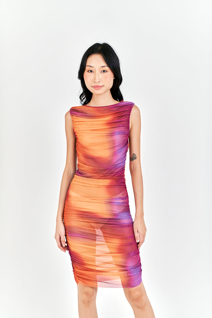 Akisha Multicolor Tie Dye Crew Neckline Ruch Sides Bodycon Mini Dress