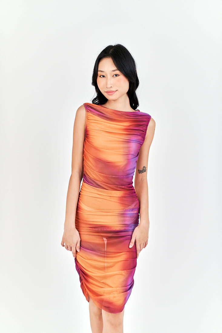 Akisha Multicolor Tie Dye Crew Neckline Ruch Sides Bodycon Mini Dress