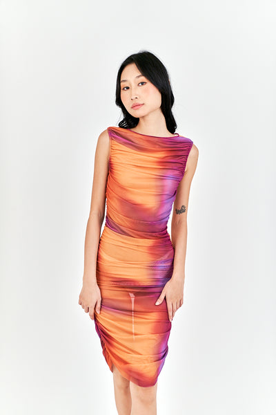 Akisha Multicolor Tie Dye Crew Neckline Ruch Sides Bodycon Mini Dress