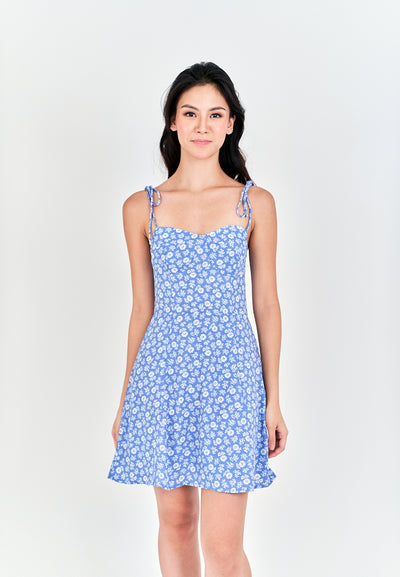 Shion Blue with White Floral All Over Print Sleeveless Self Tie Mini Dress