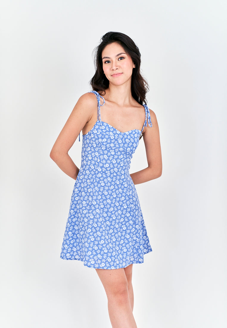 Shion Blue with White Floral All Over Print Sleeveless Self Tie Mini Dress