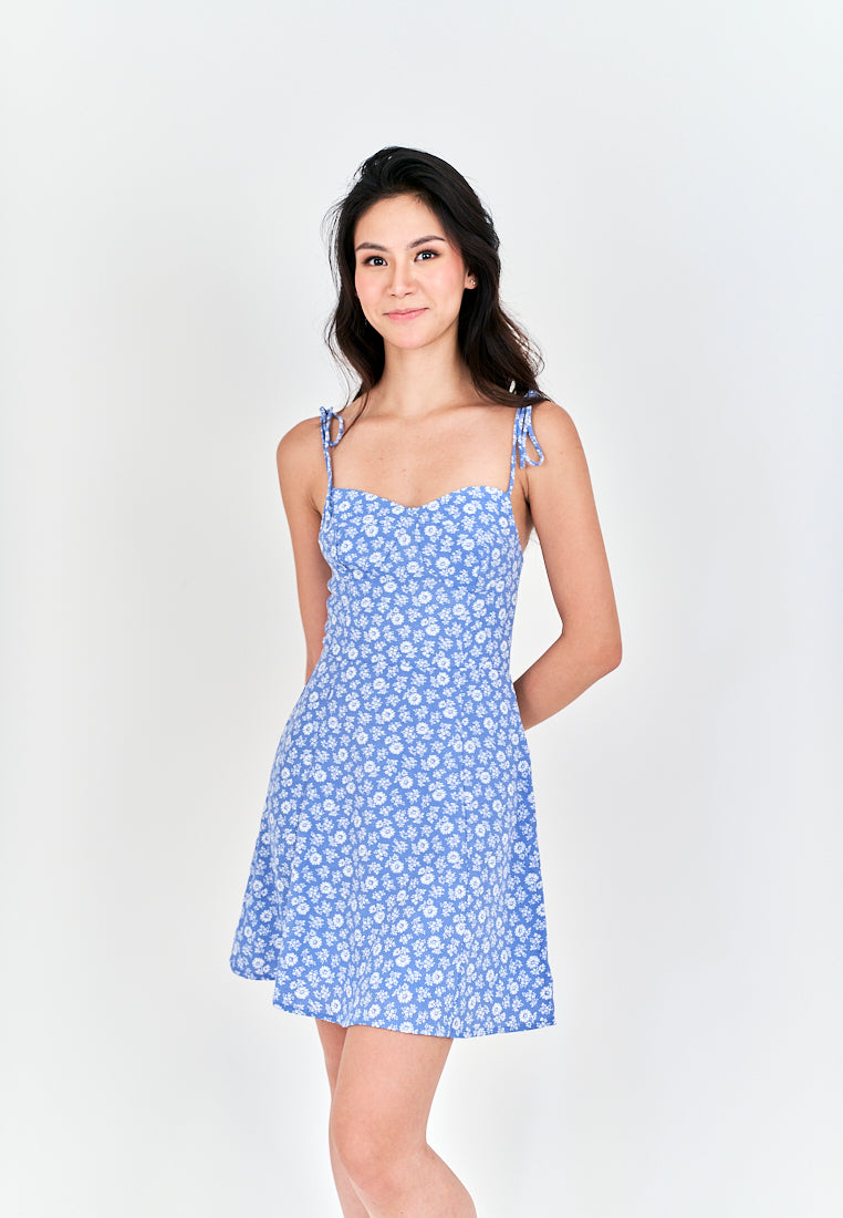 Shion Blue with White Floral All Over Print Sleeveless Self Tie Mini Dress