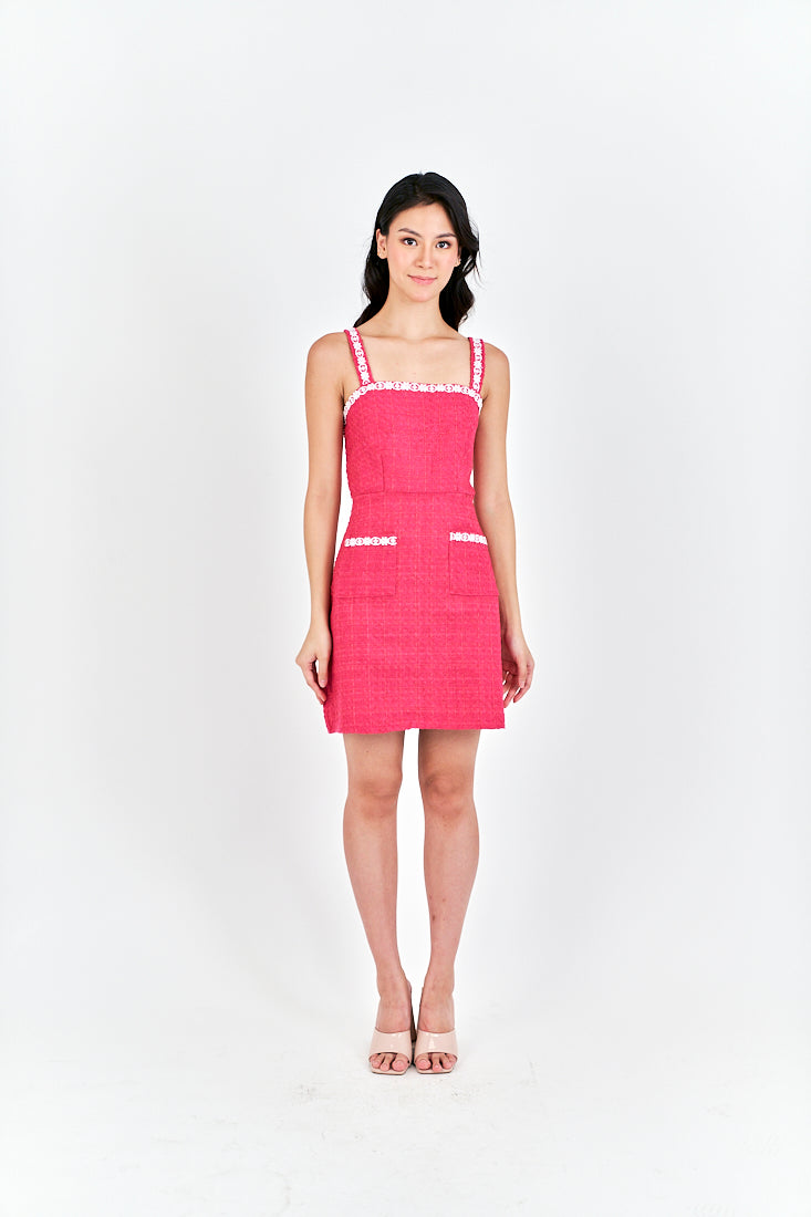 Lorie Pink Lace Square Neckline Tweed Sleeveless with Pockets Mini Dress