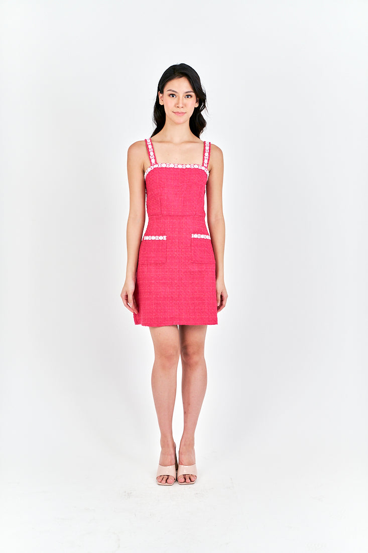 Lorie Pink Lace Square Neckline Tweed Sleeveless with Pockets Mini Dress