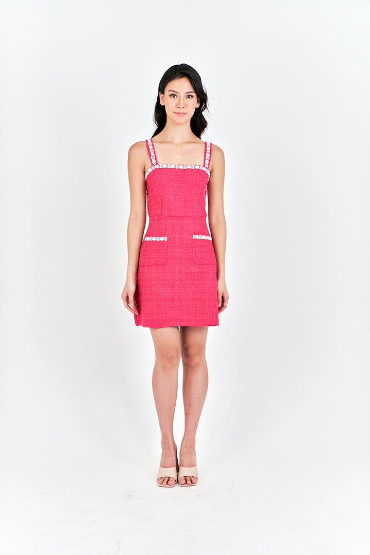 Lorie Pink Lace Square Neckline Tweed Sleeveless with Pockets Mini Dress