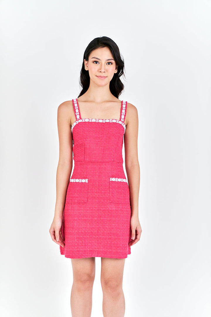 Lorie Pink Lace Square Neckline Tweed Sleeveless with Pockets Mini Dress