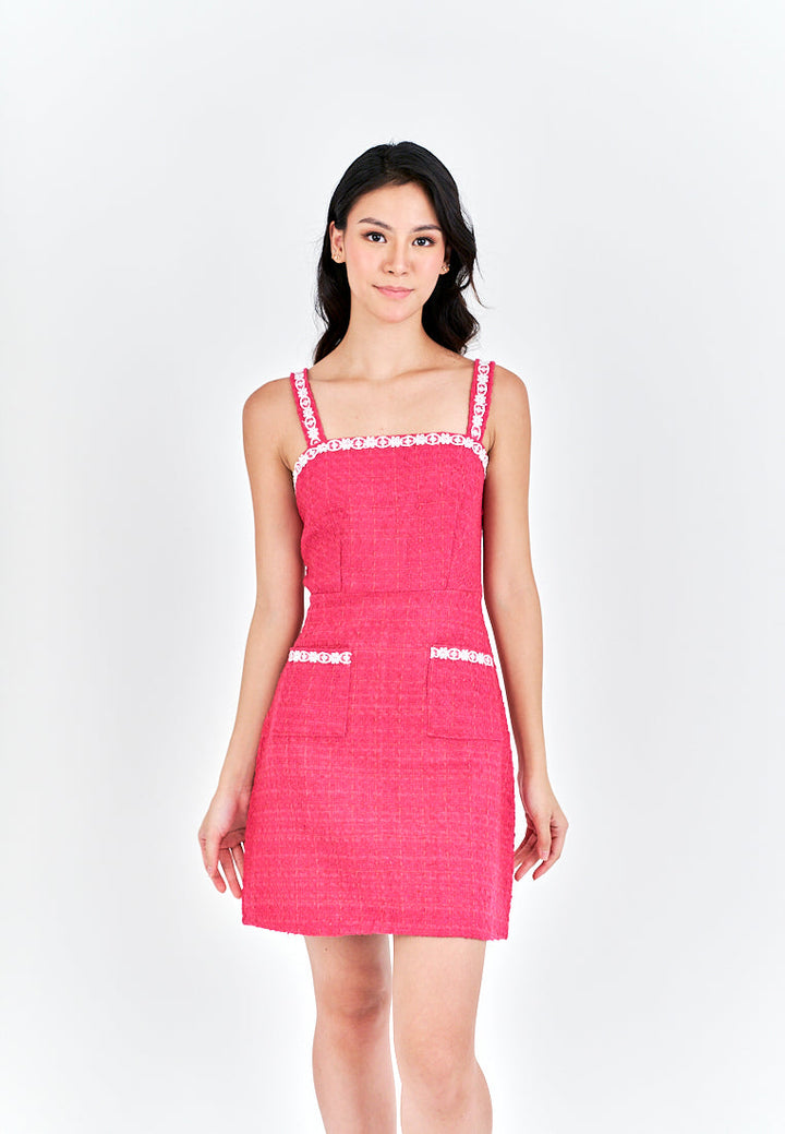 Lorie Pink Lace Square Neckline Tweed Sleeveless with Pockets Mini Dress