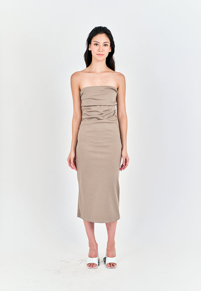 Rhodesa Beige Folded Neckline Pleated Side Tube Midi Dress