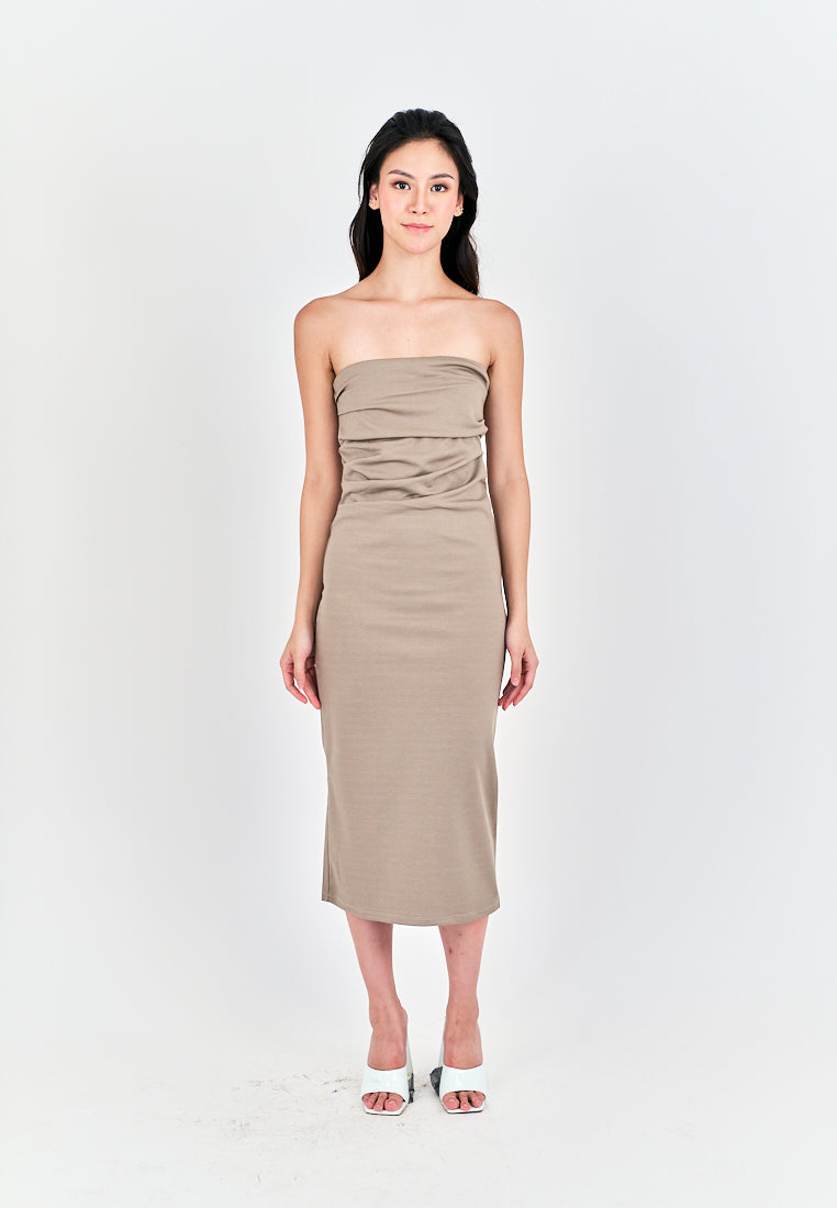 Rhodesa Beige Folded Neckline Pleated Side Tube Midi Dress