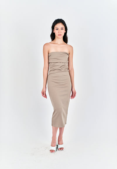 Rhodesa Beige Folded Neckline Pleated Side Tube Midi Dress