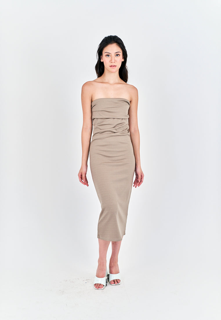 Rhodesa Beige Folded Neckline Pleated Side Tube Midi Dress