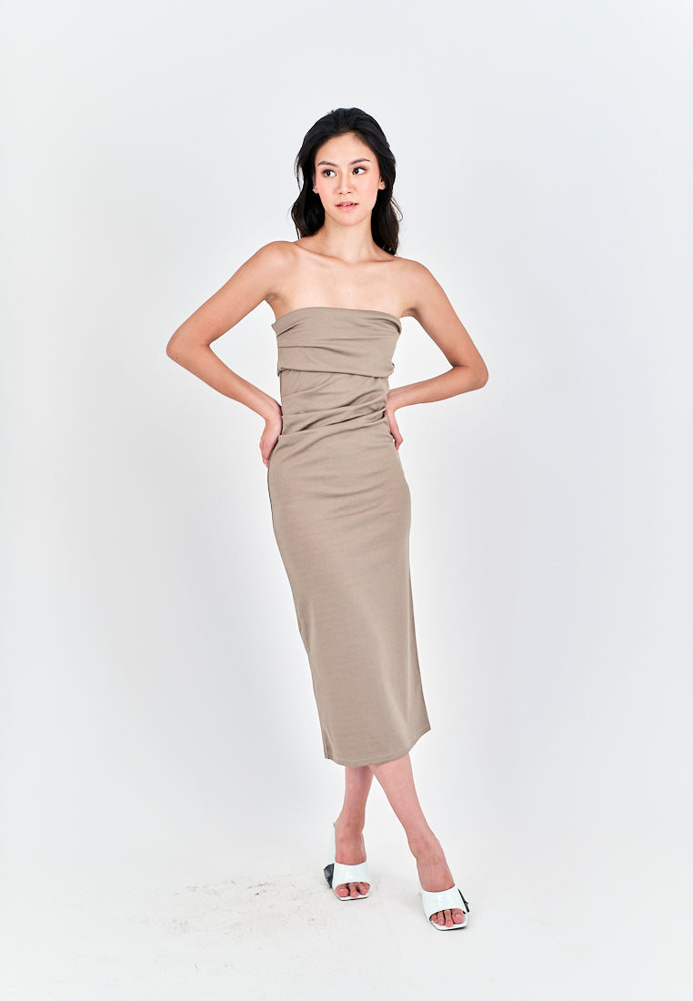 Rhodesa Beige Folded Neckline Pleated Side Tube Midi Dress