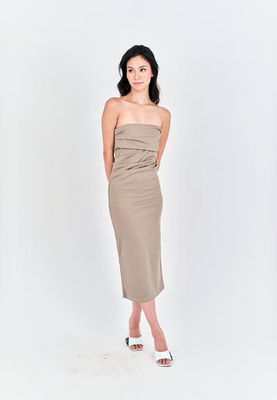 Rhodesa Beige Folded Neckline Pleated Side Tube Midi Dress