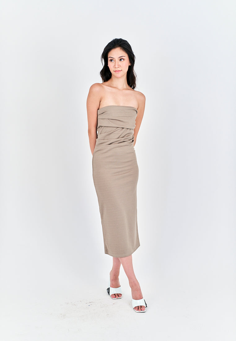 Rhodesa Beige Folded Neckline Pleated Side Tube Midi Dress
