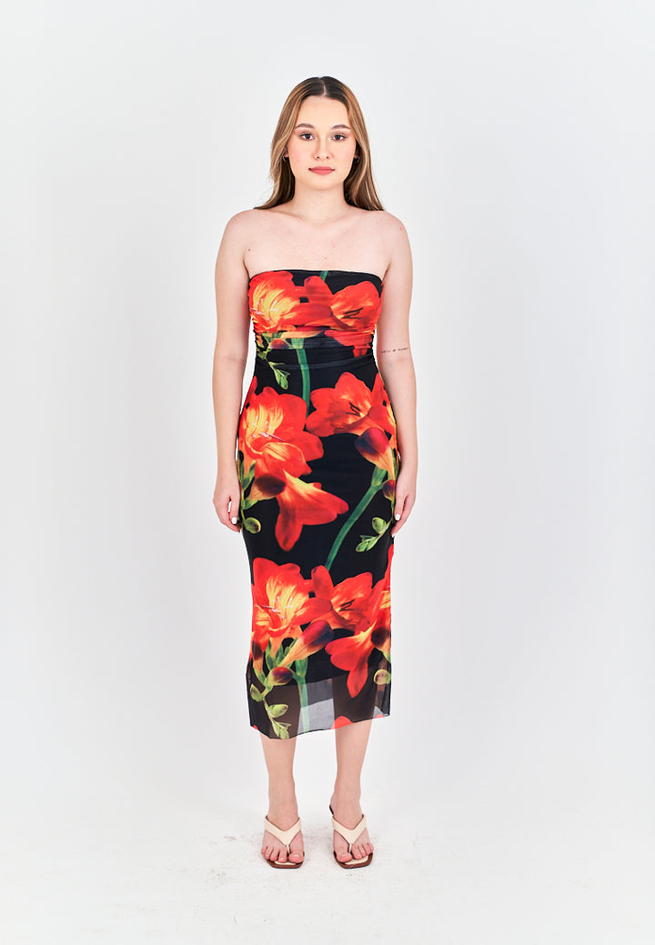 Elba Black with Orange Floral Pleated Sides Mesh Tube Midi Dress
