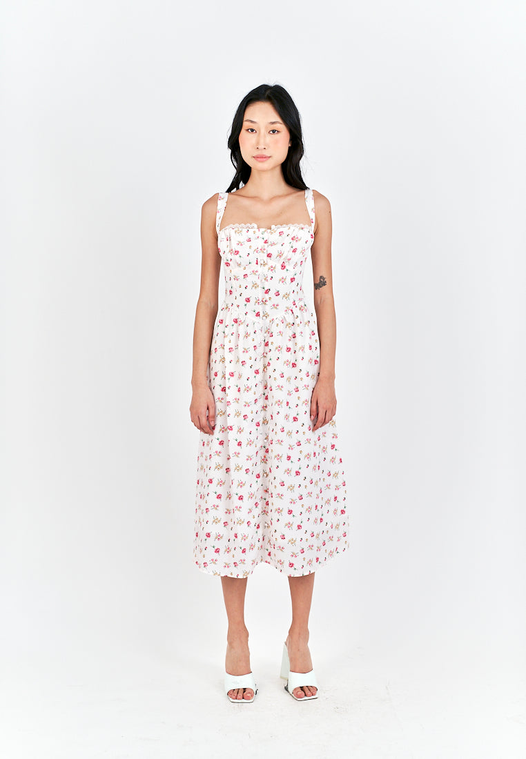 Criselle White with Red Floral All Over Print Buttons Up Shoulder Strap Mini Dress