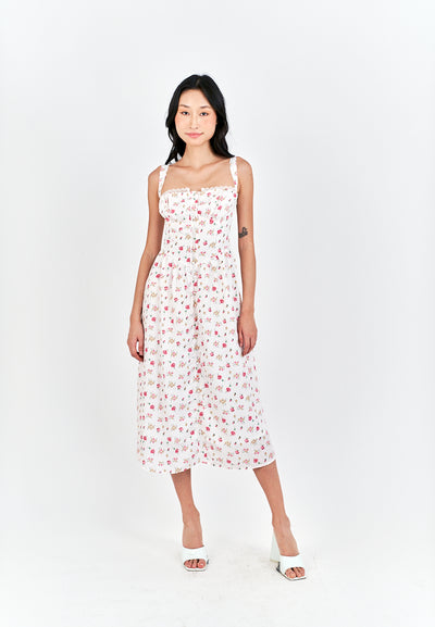 Criselle White with Red Floral All Over Print Buttons Up Shoulder Strap Mini Dress