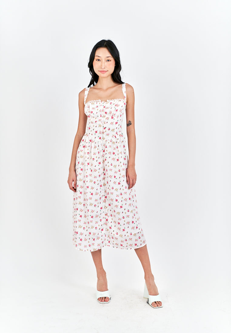 Criselle White with Red Floral All Over Print Buttons Up Shoulder Strap Mini Dress