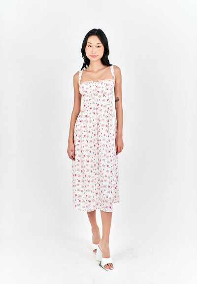 Criselle White with Red Floral All Over Print Buttons Up Shoulder Strap Mini Dress