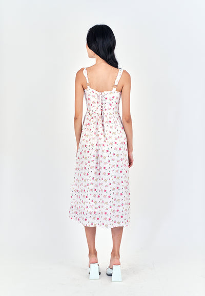 Criselle White with Red Floral All Over Print Buttons Up Shoulder Strap Mini Dress