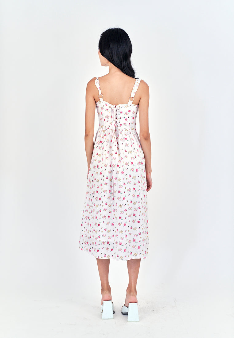 Criselle White with Red Floral All Over Print Buttons Up Shoulder Strap Mini Dress
