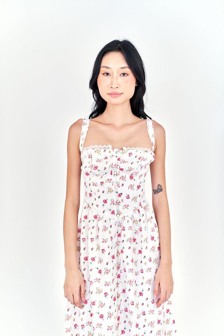 Criselle White with Red Floral All Over Print Buttons Up Shoulder Strap Mini Dress
