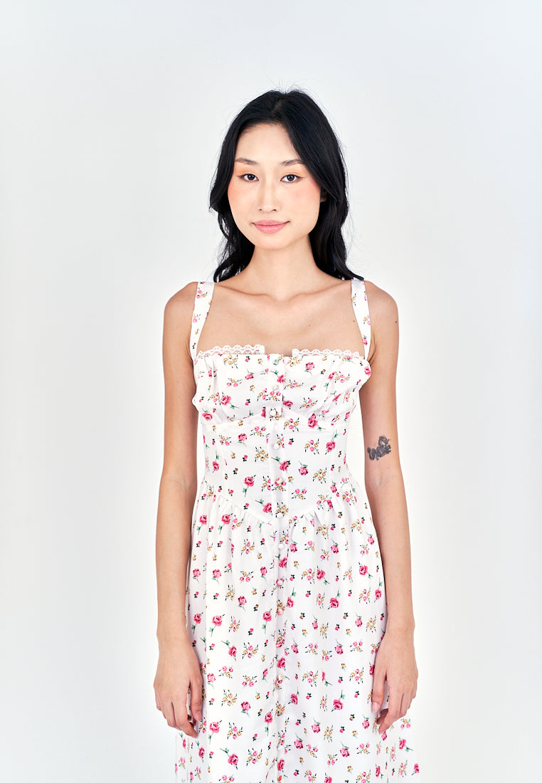 Criselle White with Red Floral All Over Print Buttons Up Shoulder Strap Mini Dress