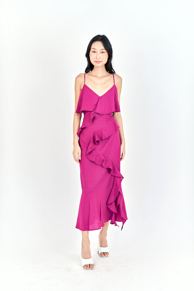 Zobelle  Magenta V Neck Ruffle Side Zipper Sleeveless Midi Dress