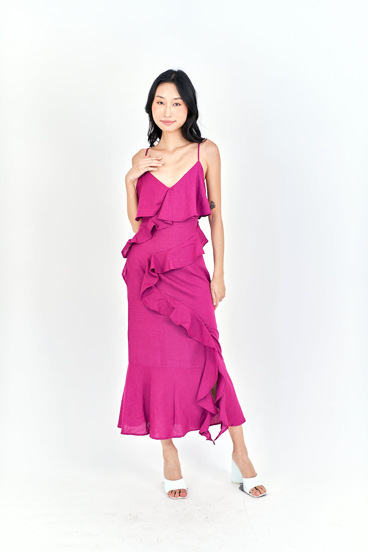 Zobelle  Magenta V Neck Ruffle Side Zipper Sleeveless Midi Dress