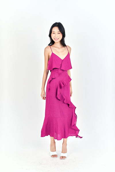 Zobelle  Magenta V Neck Ruffle Side Zipper Sleeveless Midi Dress