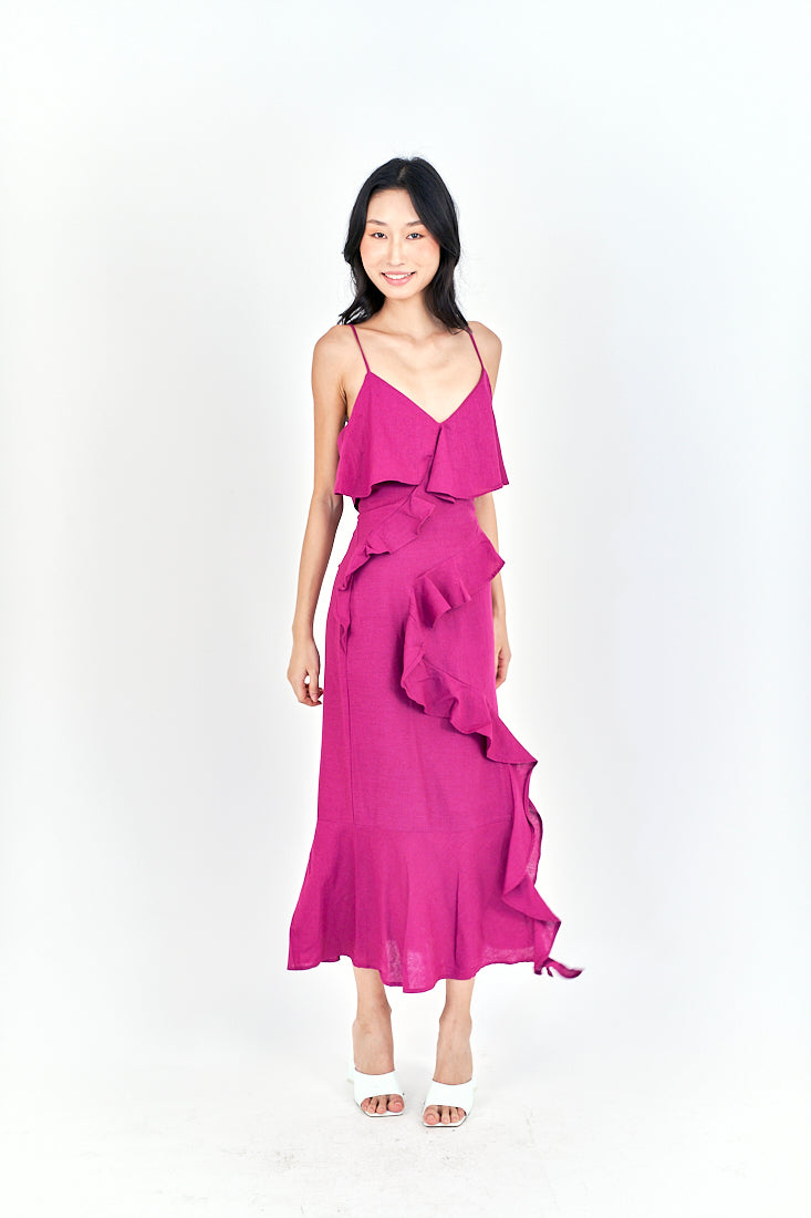 Zobelle  Magenta V Neck Ruffle Side Zipper Sleeveless Midi Dress