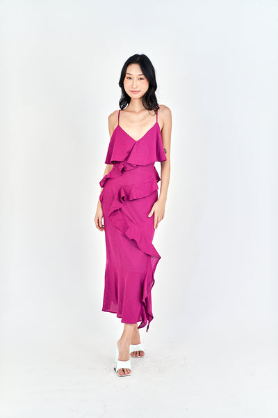 Zobelle  Magenta V Neck Ruffle Side Zipper Sleeveless Midi Dress