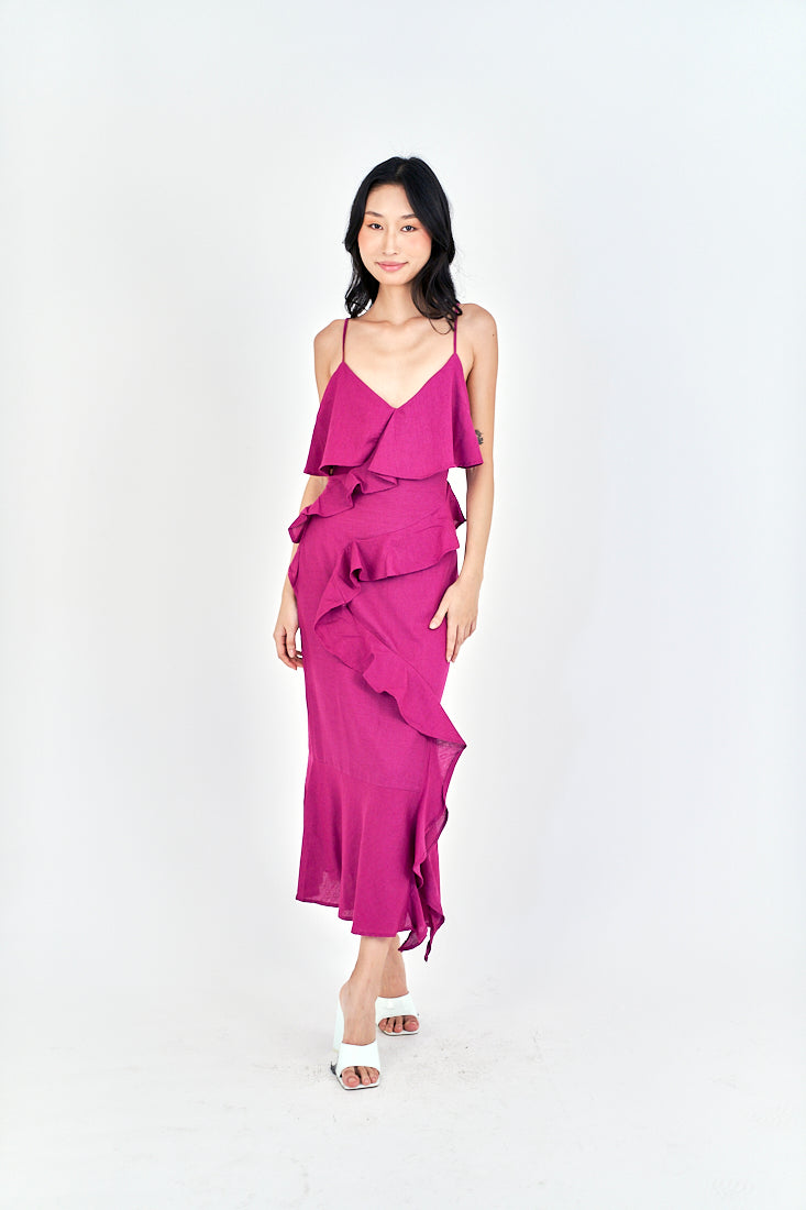 Zobelle  Magenta V Neck Ruffle Side Zipper Sleeveless Midi Dress