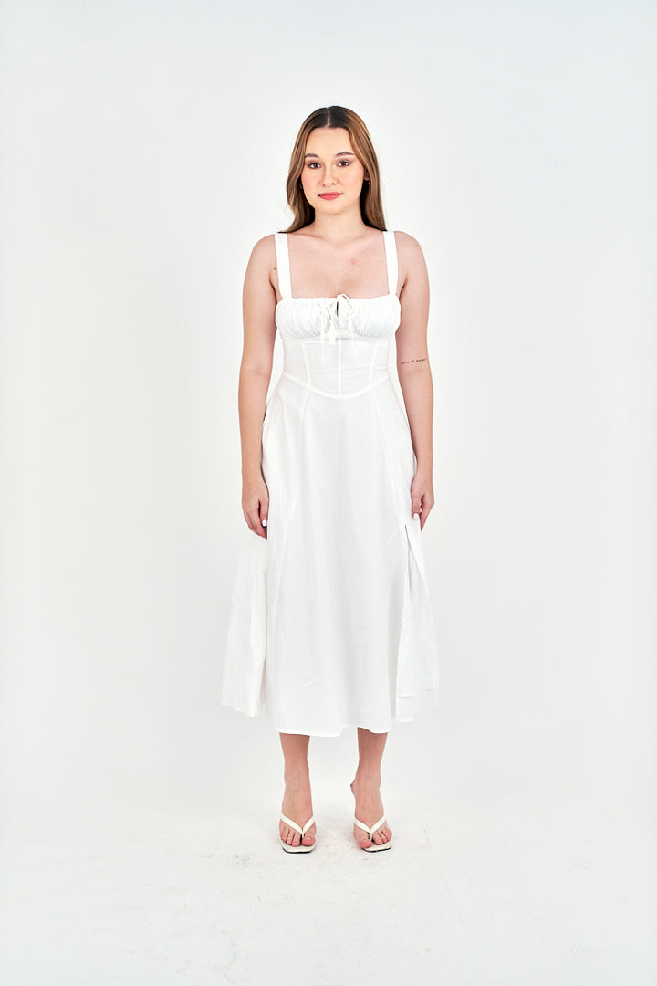 Lylie White Square Neck Tie Bust Shoulder Strap Side Zipper with Slit Midi Dress