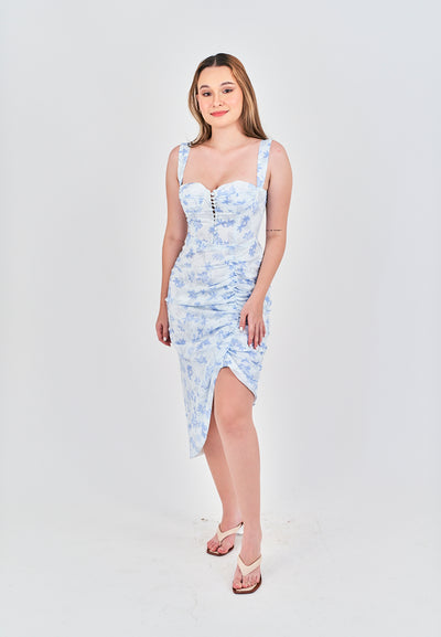 Cassie Baby Blue Floral Print Sweetheart Neckline Ruched Side Asymmetrical Skirt Self-Tie Mini Dress